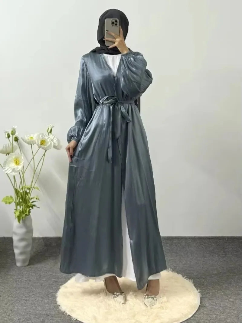 Kaftan Muslim Abayas Women's Islamic Clothing Long Sleeve Open Front Abaya With Belt Maxi Dress Women Jilbabs Dubai Robe Caftan