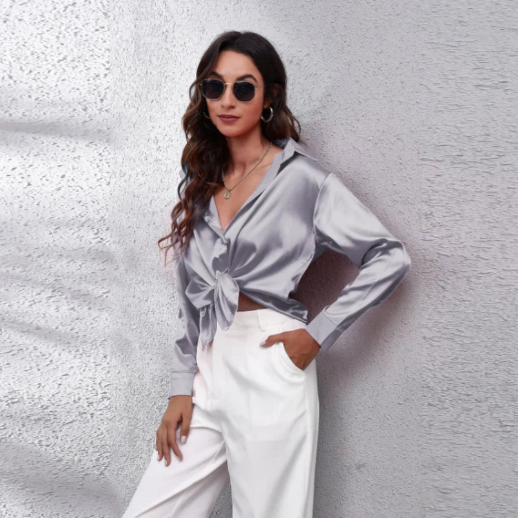 Spring Summer Long Sleeve Women's Silk Shirt Office Ladies Stain Blouses Solid Turn-down Collar Single Breasted Woman Shirts