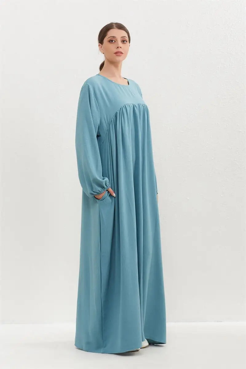 Muslim Dress Spring Autumn Women Loose Maxi Dresses Fashion Female Full Sleeve O-neck Casual Solid Pockets Robe Long Dresses