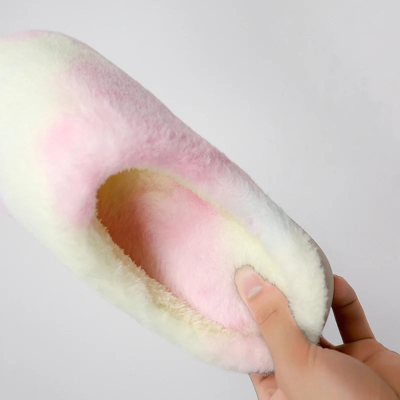 Tie Dye Fluffy Fur Slippers for Women 2024 Winter Closed Toe House Home Slippers Woman Non Slip Flat Heels Indoor Cotton Shoes