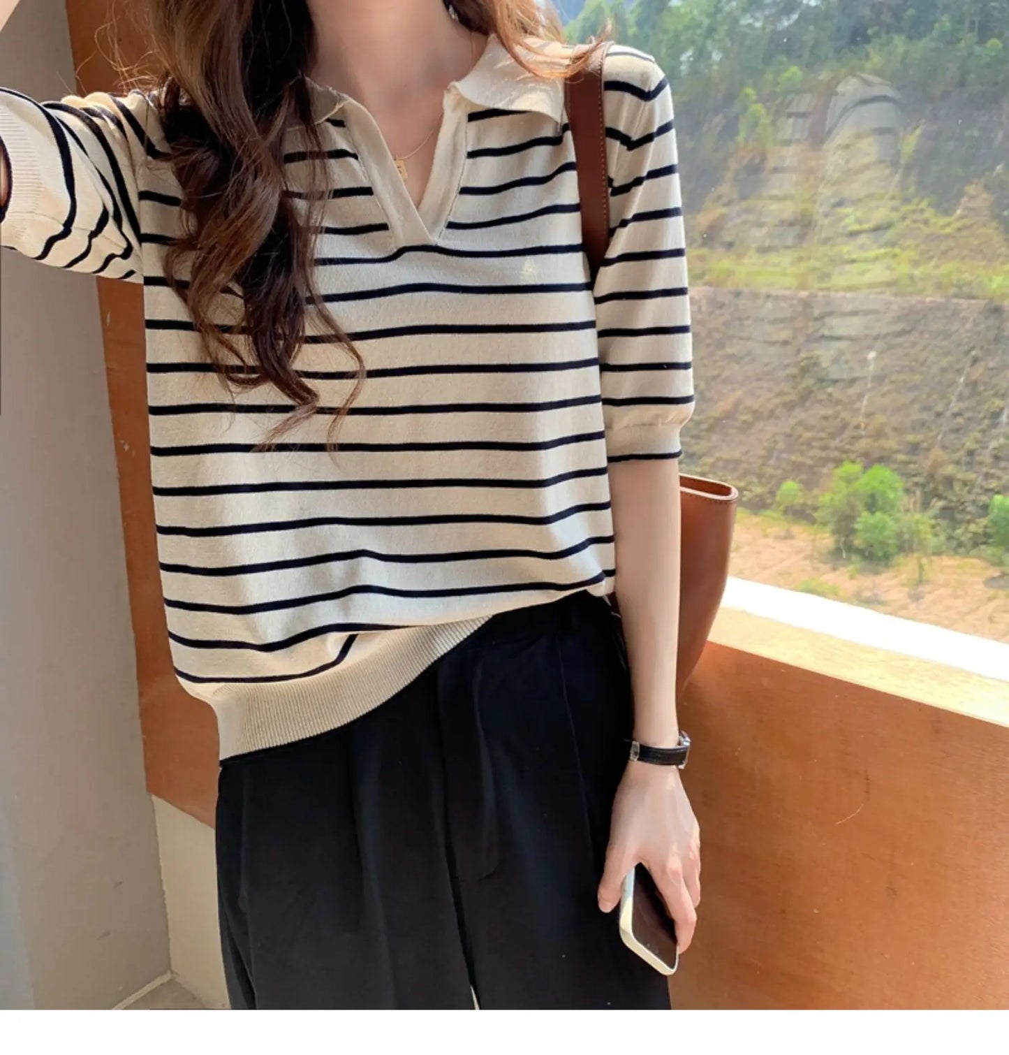 Summer Striped T-Shirt Women Knitted Shirts Pullover Tops Short Sleeve Crop Tops Female Elastic Casual Knit Tee Women's T-Shirts