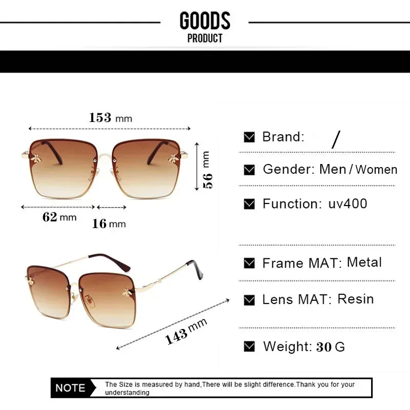 Luxury Brand Designer Sunglasses Woman Vintage Rimless Square Sun Glasses Female Gradient Shades Little Bee Ladies Oculos