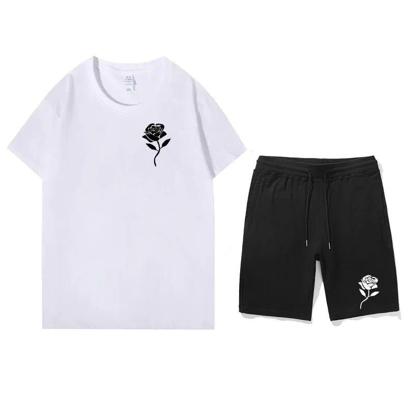 Rose Printed Shorts Sets Men Tracksuit Cotton T-Shirts Shorts Sport Suit 2 Piece set men Streetwear Summer Outfits men clothing