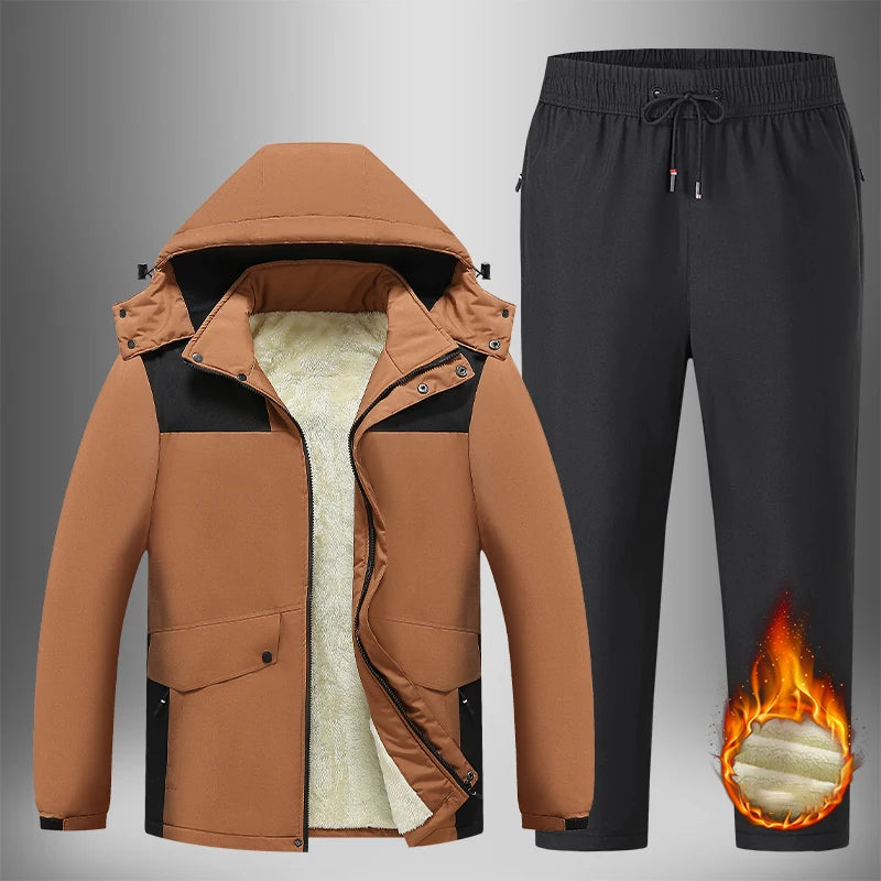 Winter Men Hooded Fleece Windproof Sport Suits Man Jogger Outdoor Hiking Sets Jackets Pants Male Thicken Cargo 2 Pcs Suit Parkas