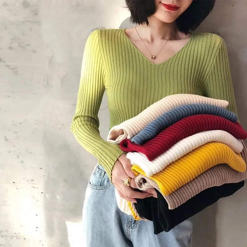 Autumn Fashion Female Long Sleeve V-neck Skinny Elastic Casual Sweater Women Knitted Shirts Pullover Top Women's Sweaters