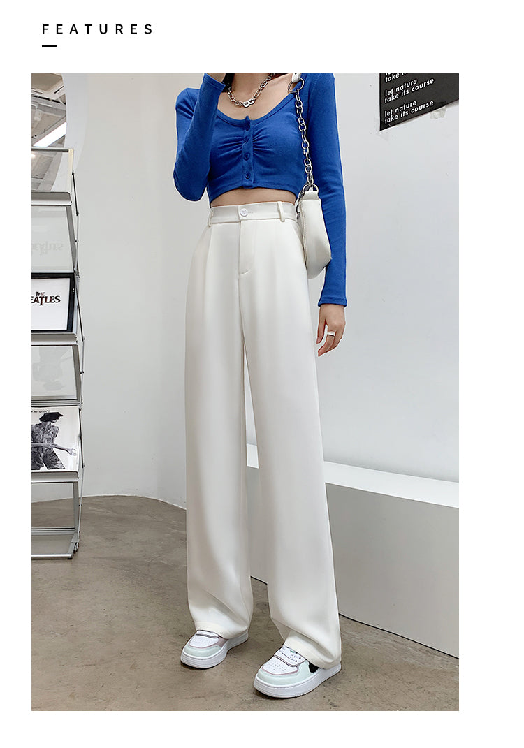 Women High Waist Floor-Length Suits Pants Autumn Winter White Loose Wide Leg Pants Female Office Ladies Straight Long Trousers