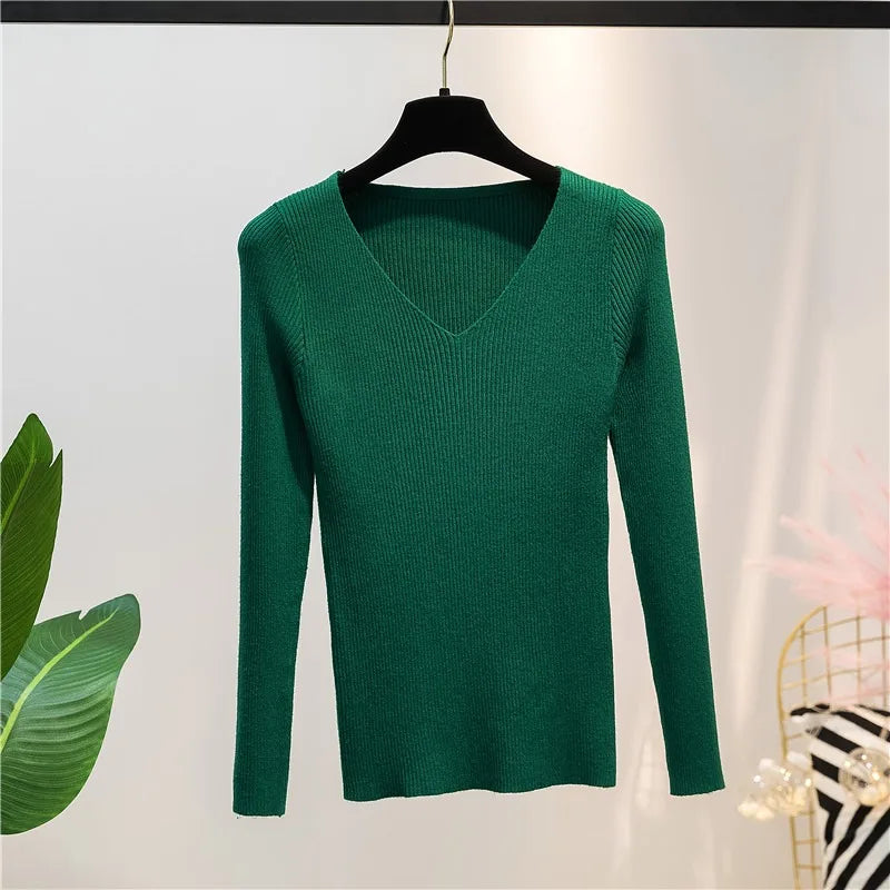 Women Knitted Shirts Fashion Female Autumn Winter Long Sleeve V-neck Skinny Elastic Casual Thin Sweater Pullover Tops Knitwear