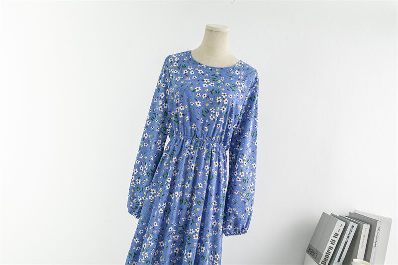 Spring Autumn Women Chiffon Dresses Casual Floral Printed Bark Crinkling Long Dresses O-neck Long Sleeve Loose Muslim Maxi Dress