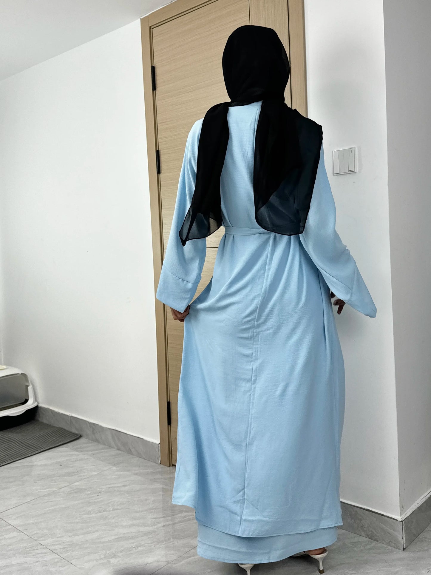 Women Open Front Abaya Muslim Sets Muslim Jilbab Loose Cardigan Coat Sleeveless Inner Dress Two Pieces Prayer Clothing with Belt