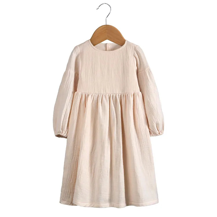 Fashion Solid Color Kids Dresses for Girls Cotton Linen Long Sleeve Baby Girls Dress Spring & Autumn Children Clothing 1-6 Years