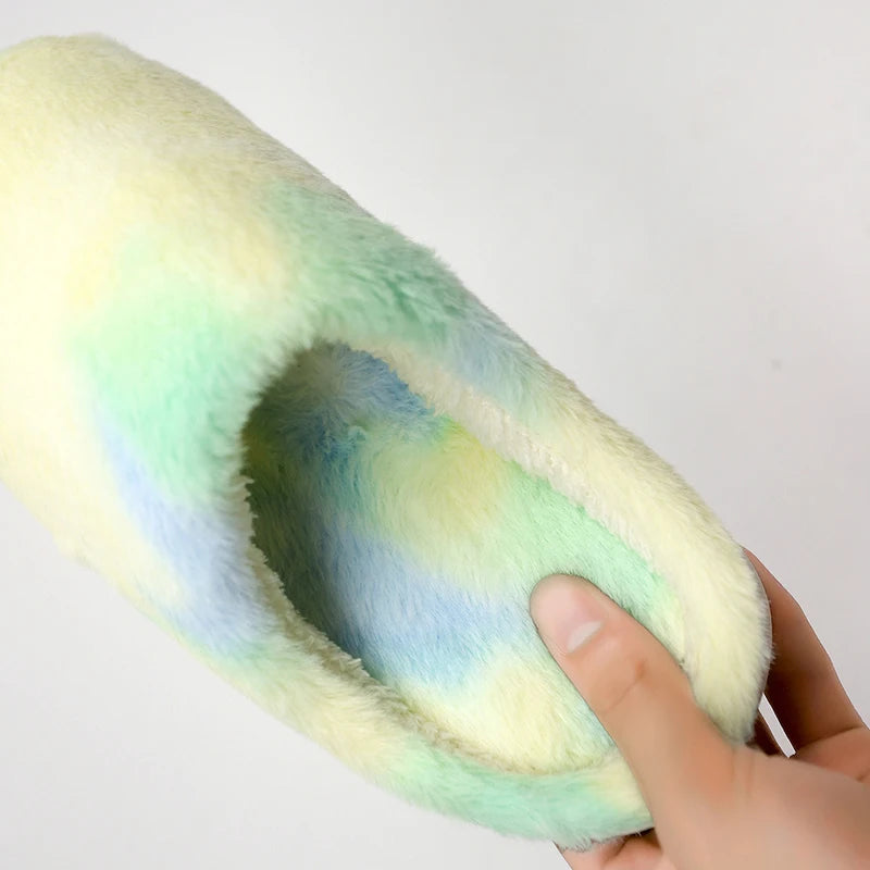 Tie Dye Fluffy Fur Slippers for Women 2024 Winter Closed Toe House Home Slippers Woman Non Slip Flat Heels Indoor Cotton Shoes