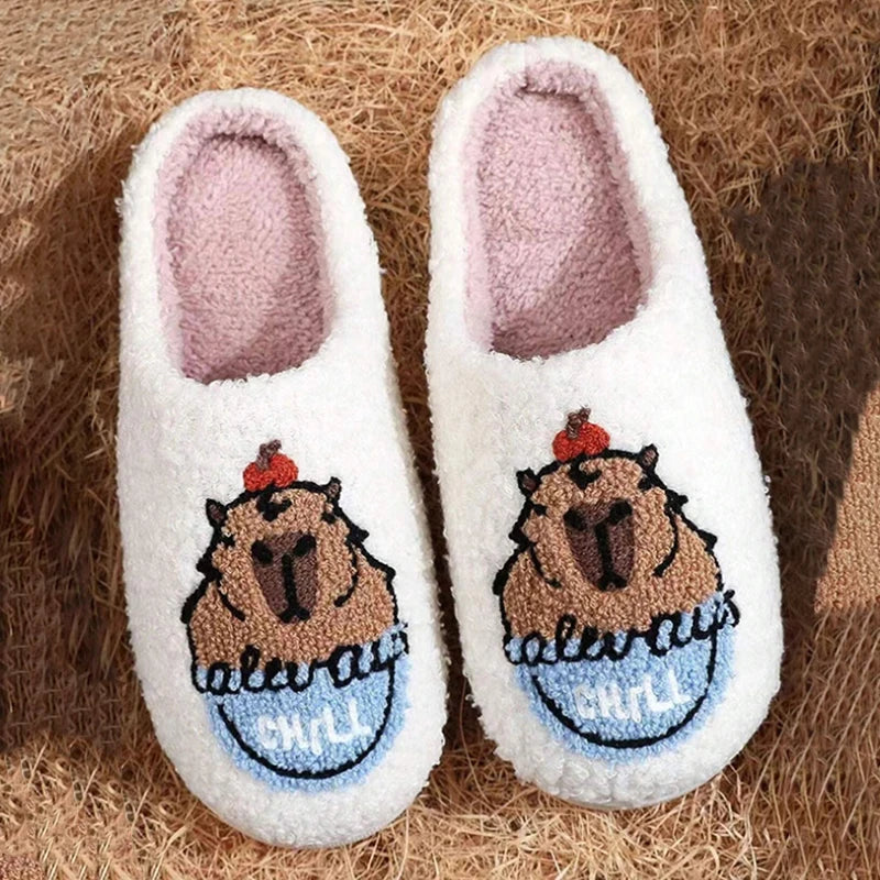 Cartoon Flat Heels Cotton Slippers Women 2024 Winter Non Slip Home Plush Slippers Woman Comfort Soft Sole Funny Shoes Footwear