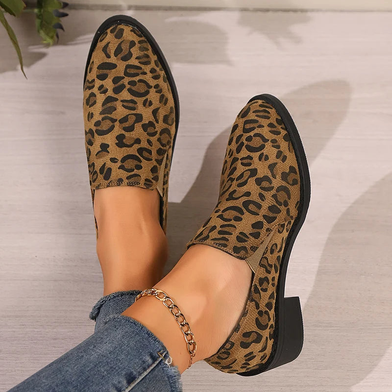 Sexy Leopard High Heels Loafers Woman 2024 Autumn Pointed Toe Thick Heeled Pumps Woman Plus Size 43 Slip On Casual Shoes Mujer