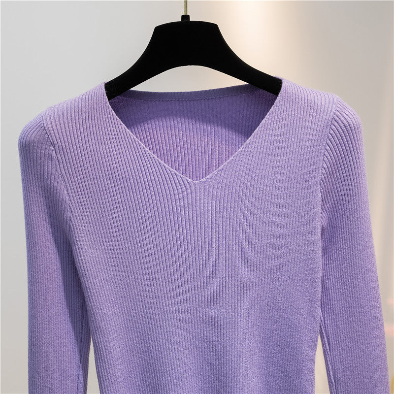 Women Knitted Shirts Fashion Female Autumn Winter Long Sleeve V-neck Skinny Elastic Casual Thin Sweater Pullover Tops Knitwear