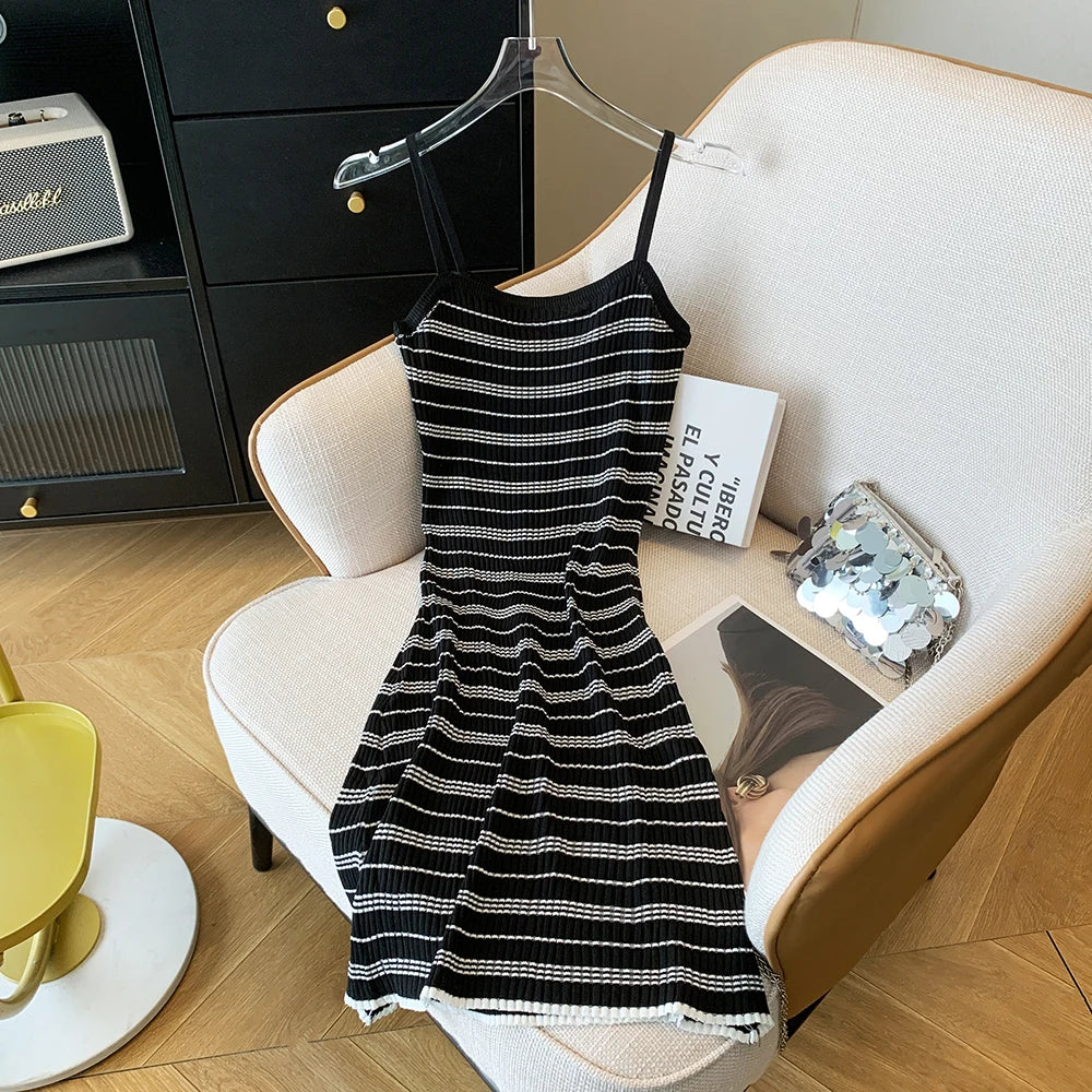 Summer Autumn Sleeveless Knit Dress Women camisole Dresses Fashion Female Striped Elastic Skinny Knitted Package Hip Mini Dress