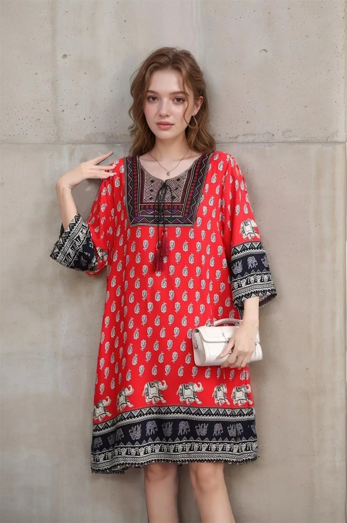 Print Floral Vintage Loose Dress Women Dresses Summer Spring Fashion Vestidos Short Sleeve Tassel Poplin Boho Mini Beach Dresses