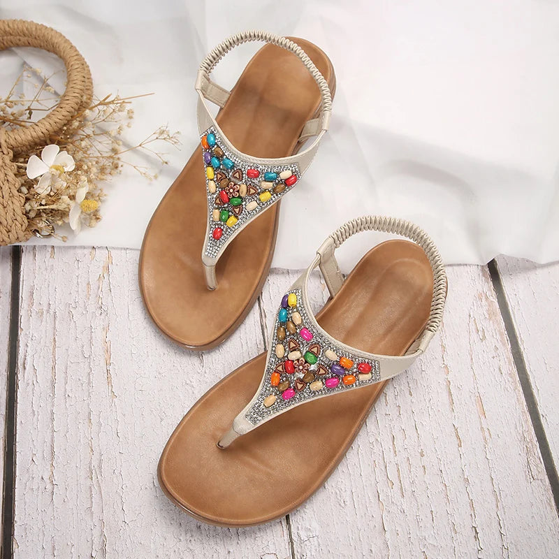 Retro Bohemian Flat Heels Sandals for Women 2024 summer Rhinestone Beads Clip Toe Sandals Woman Lightweight Beach Flip Flops