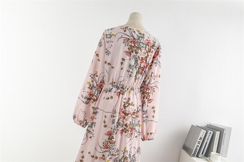 Spring Autumn Women Chiffon Dresses Casual Floral Printed Bark Crinkling Long Dresses O-neck Long Sleeve Loose Muslim Maxi Dress