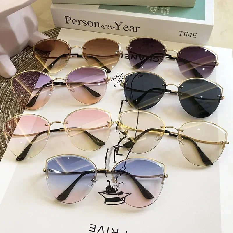 Brand Rimless Sunglasses Women Luxury Cat Eye Sun Glasses Ladies Clear Gradient Sunglass 2024 Diamond Cutting Lenes UV400