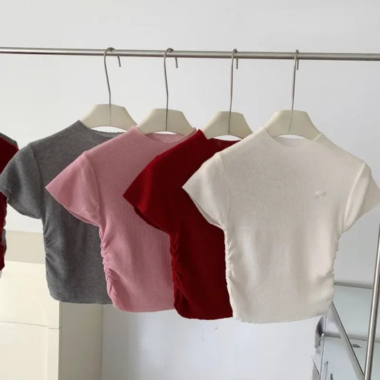 Summer Knitted T-Shirt Women Shirts Pullover Crop Tops Short Sleeve Female Elastic Slim Casual Knit Tee Women's T-Shirts