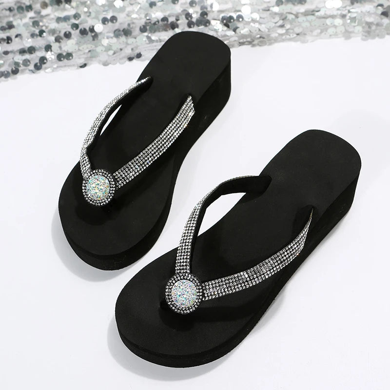 Clip Toe Wedge Heels Slippers Women 2024 Summer Shiny Crystal Platform Sandals Woman Plus Size 42 Light Outdoor Flip-Flops Slide