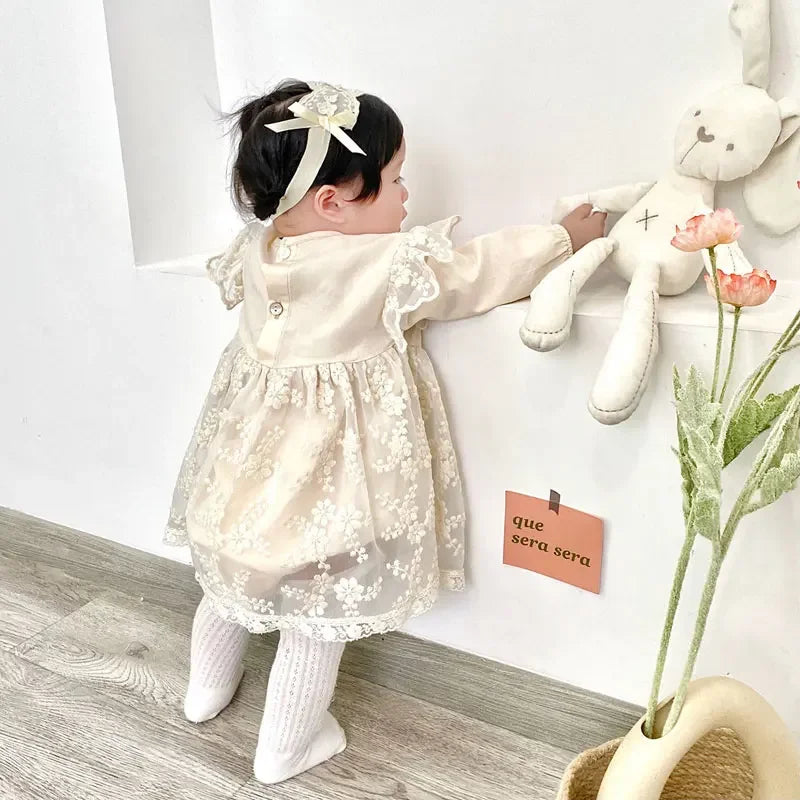 Cartoon Baby Girls Bodysuits Scarf 2 PCS Lace Long Sleeve Newborn Baby Girl Clothes Spring Autumn Infant Bodysuits 1-3 Years