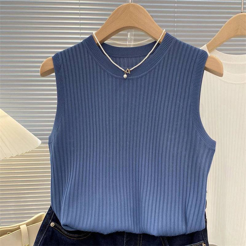 Summer Spring Tanks Top Women Sleeveless Knitted T-Shirts Female Elastic Slim Casual Vests Crop Tops Camis Pullover Shirts