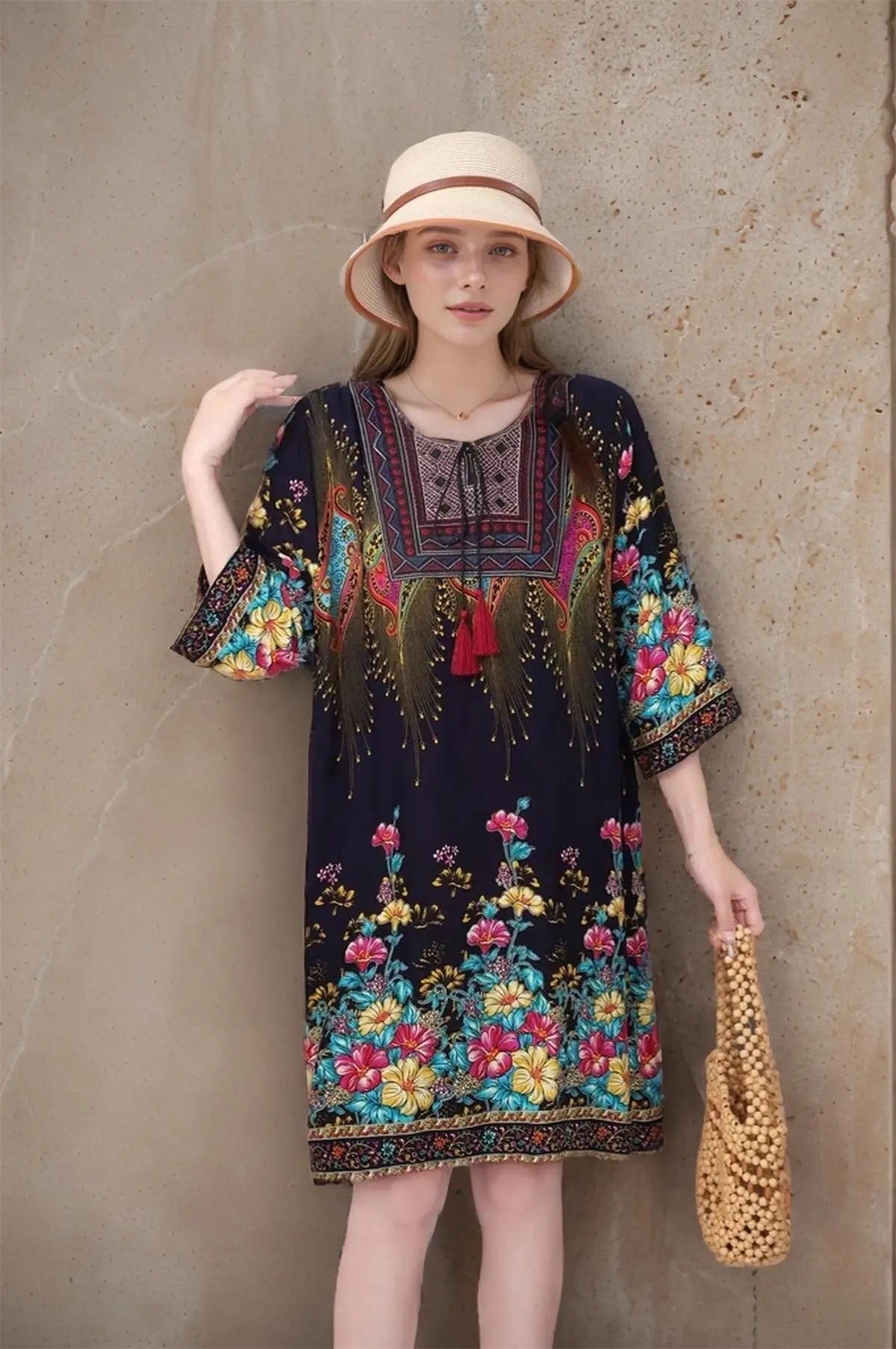 Summer Spring Print Floral Vintage Loose Mini Dress Women Dresses Fashion Vestidos Short Sleeve Poplin Boho Beach Dresses