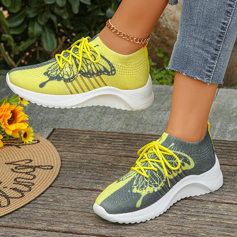 Butterfly Printed Knitted Sneakers Women Lightweight Anti-Slip Breathable Casual Shoes Woman 2024 Fashion Lace Up Tennis Shoes