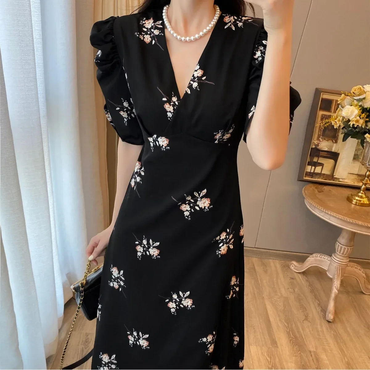 Spring Summer Chiffon Dress Women Casual Dresses Fashion Female Printed Floral V-neck Short Sleeve A-line Dresses Vestidos