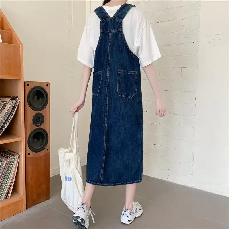 Spring Summer Denim Overall Dress Women Solid Casual Loose Spaghetti Strap Dresses Fashion Female Girls Sleeveless Jeans Dresses