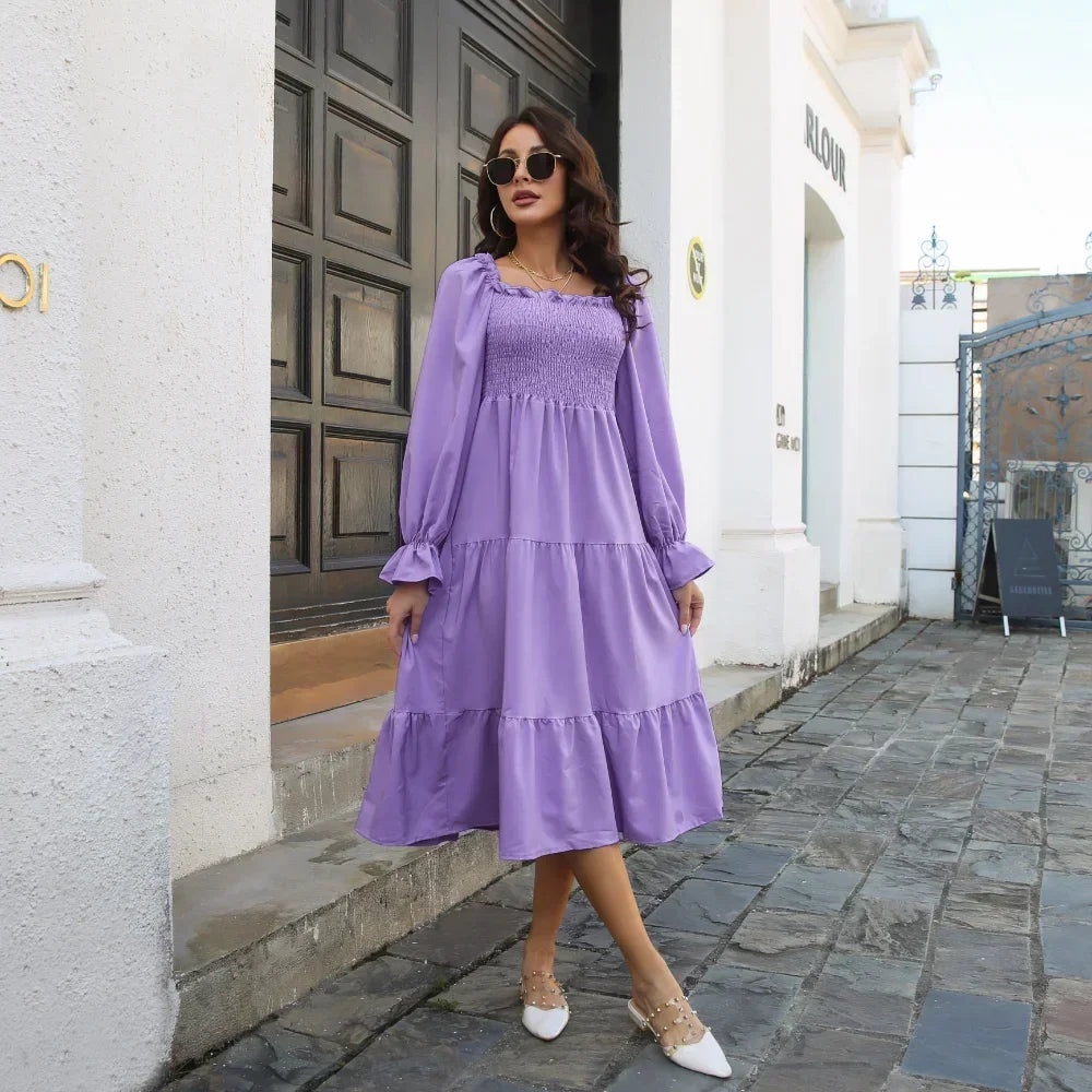 Spring Autumn Pleated Square Neck Women Dresses Vintage Loose Puff Long Sleeve Woman Dress Solid Ruffle Loose Mujer Vestidos