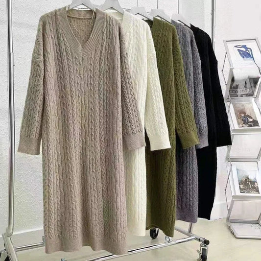 Autumn Winter Sweater Dress Women Kintted Dresses Fashion Female Long Sleeve Elastic V-neck Loose Casual Knitwear Dresses