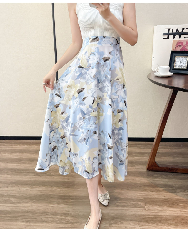 2022 Summer High Waist Women Skirts Casual Floral Printed Chiffon Woman Midi Skirts Bohemian Beach Holiday Long A-line Skirts