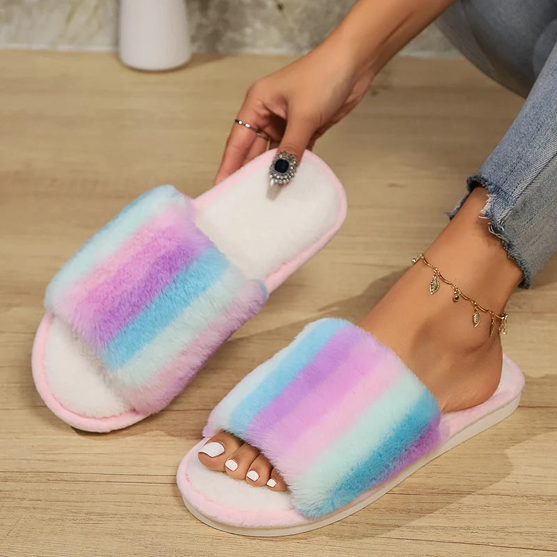 Colorful Fluffy Fur Slippers Women 2024 Winter Warm Flat Heels Home Cotton Slippers Woman Non Slip Indoor House Shoes Slides