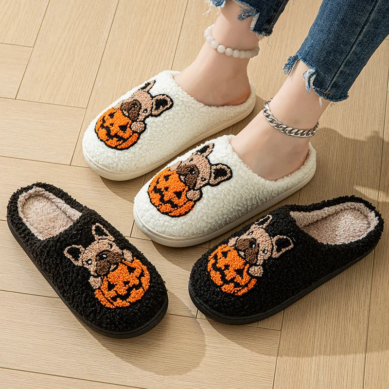 Halloween Dog Embroidery Cotton Home Slippers Women 2024 Winter Fluffy Furry House Slippers Woman Comfort Flat Heels Floor Shoes