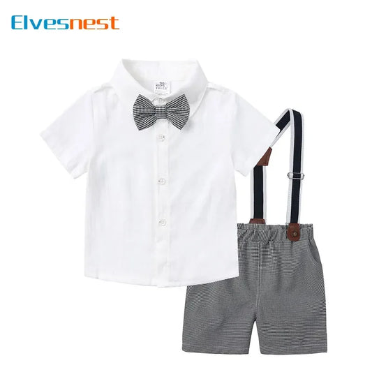 Formal Children Boys Clothing Sets Cotton Short Sleeve Shirts Strap Pants Summer Kids Clothes Boys Outfit 1-5 Years