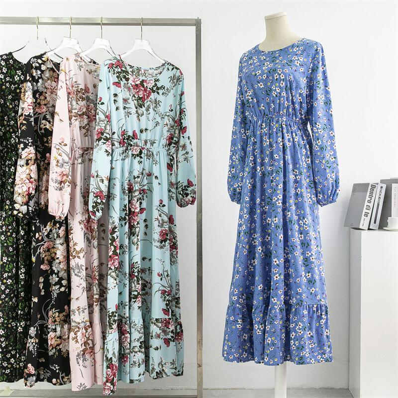 Spring Autumn Women Chiffon Dresses Casual Floral Printed Bark Crinkling Long Dresses O-neck Long Sleeve Loose Muslim Maxi Dress