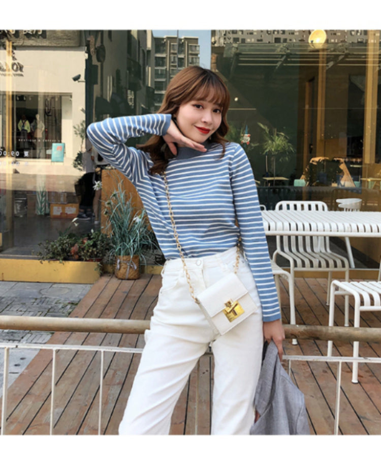 Autumn Winter Women Mock neck Sweaters Pullover Tops Fashion Female Skinny Elastic Long Sleeve Casual Striped Knitted Shirts