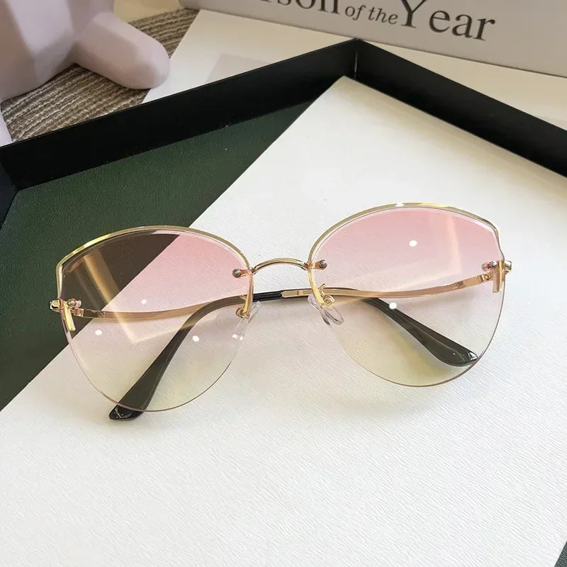 Brand Rimless Sunglasses Women Luxury Cat Eye Sun Glasses Ladies Clear Gradient Sunglass 2024 Diamond Cutting Lenes UV400