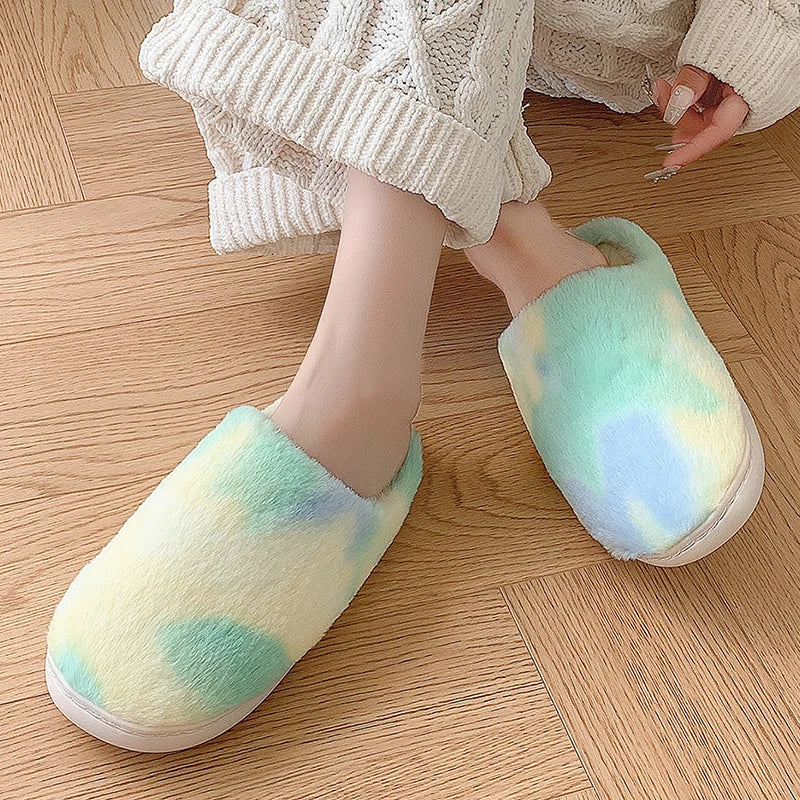 Tie Dye Fluffy Fur Slippers for Women 2024 Winter Closed Toe House Home Slippers Woman Non Slip Flat Heels Indoor Cotton Shoes