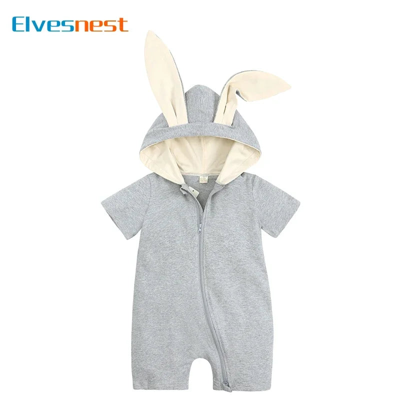 Cartoon Rabbit Girls Rompers Cotton Short Sleeve Hooded Zipper Newborn Clothes Boys Rompers Summer Baby Clothing 3-18 Months