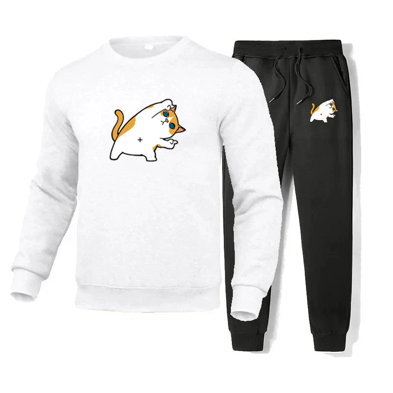 Cotton Tracksuit Men Cat Printed Sweatshirt Sweatpants 2 piece set men outfits Sportsuit Casual Swatsuit streetwear jogging set