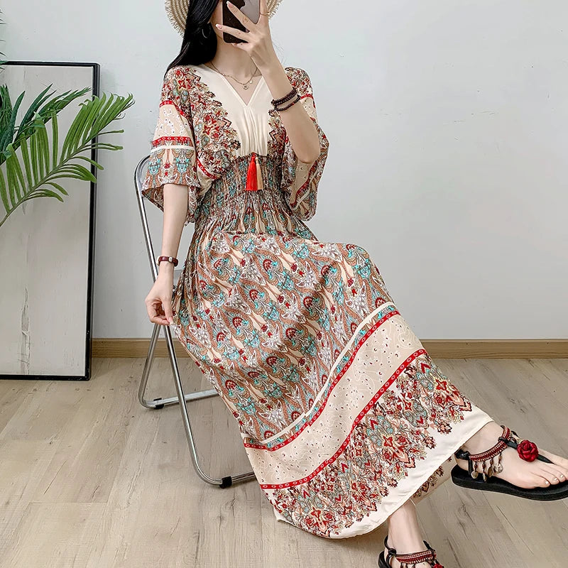 Print Floral Short Sleeve Maxi Dress Women Dresses Summer Spring V-neck Fashion Female Vintage Poplin Bohemian Beach Dresses