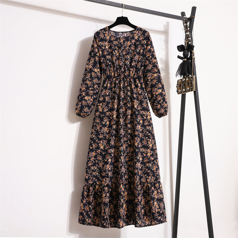 Autumn Spring Chiffon Dresses Fashion Female Full Sleeve Vintage Printed Floral Casual Long Dress Women Maxi Dresses Vestidoes