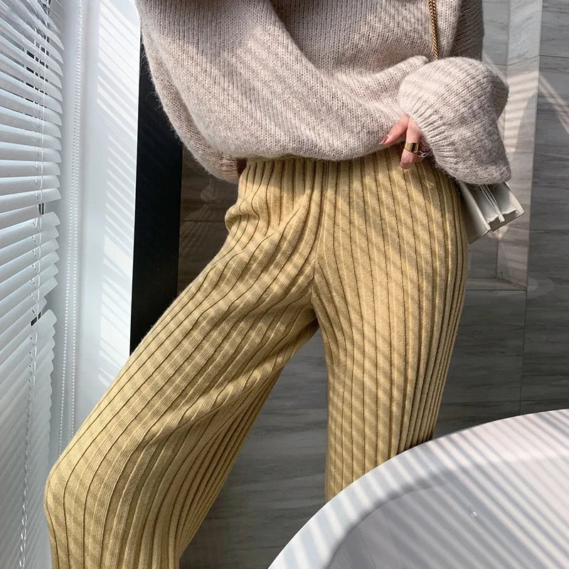 Autumn Winter Casual Thick Knitted Pant Women Long Trousers Elastic High Waist Kniting Wide Leg Pants Striped Pantalon