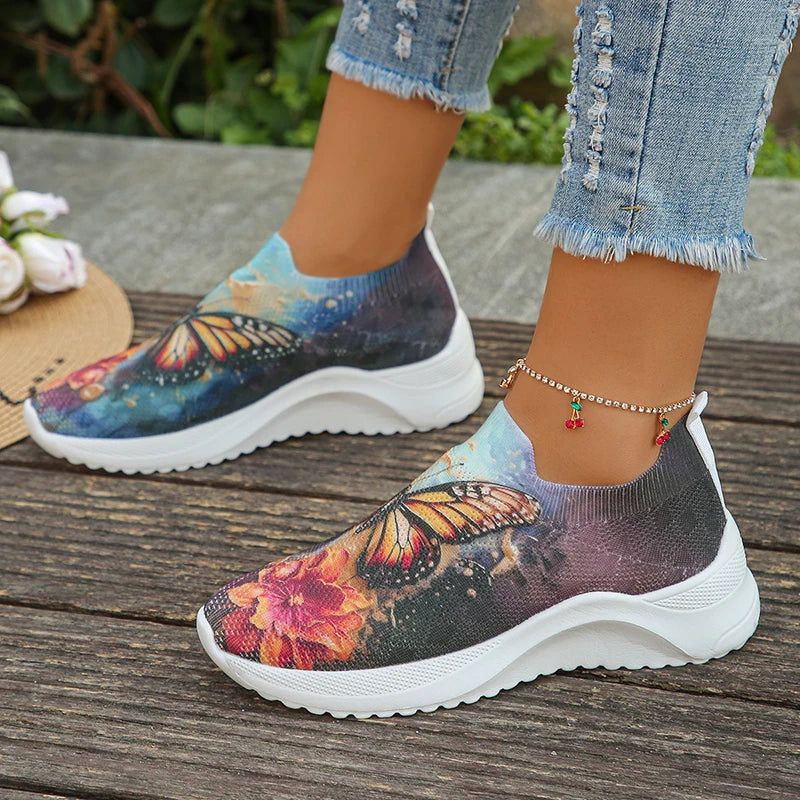 Butterfly Printed Breathable Knitted Sneakers for Women 2024 Spring Slip On Flat Heels Casual Shoes Woman Lightweight Loafers