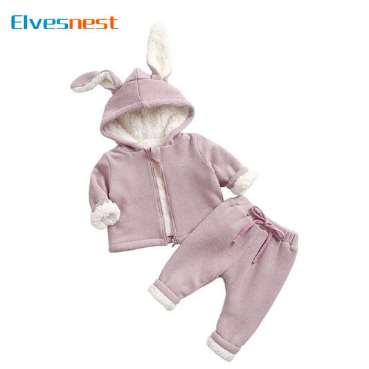 Cartoon Kids Clothes Girls Outfit Set Velvet Long Sleeve Hooded Zipper Coat Pants Winter Warm Children Clothing 1-6 Years