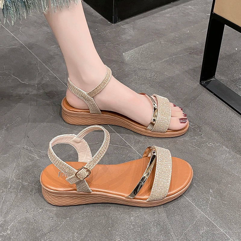 Women's New Casual Fashion Sandals 2024 New Summer Versatile Mid Heel Thick Sole Roman Shoes