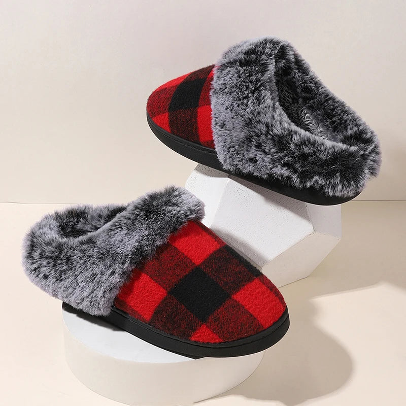 Plaid Thicken Plush Fur Slippers Women 2024 Winter Closed Toe Couple Home Slippers Woman Comfort Soft Sole House Shoes Slides